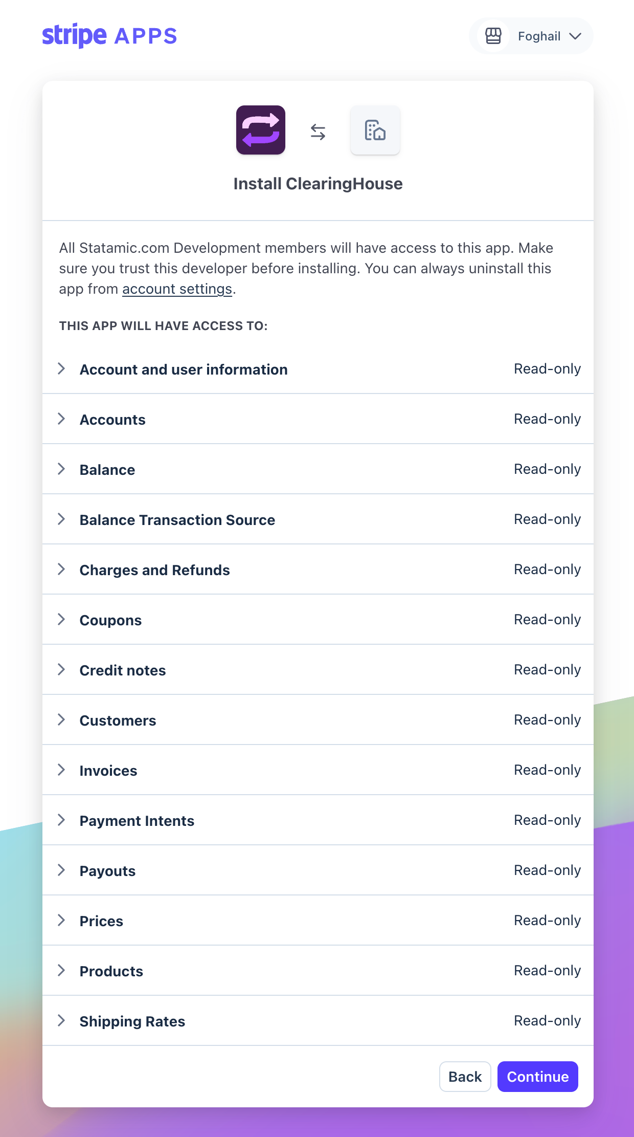 Install ClearingHouse page on Stripe
